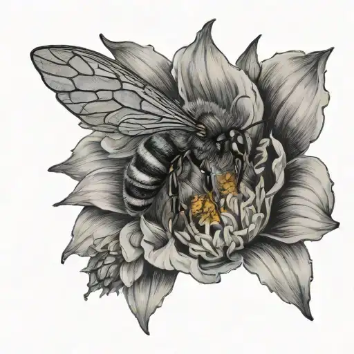 A Detailed Black And Grey Tattoo Of A Bee Pollinating A Flower With Intricate Botanical Elements