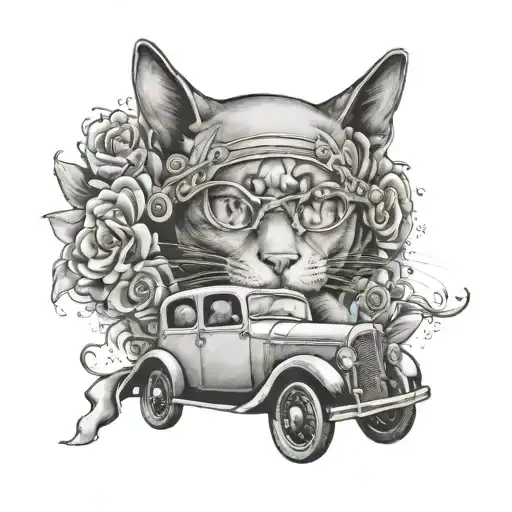 A Loving Mom Tattoo Design Incorporating A Cat And Car To Represent Family And Adventure