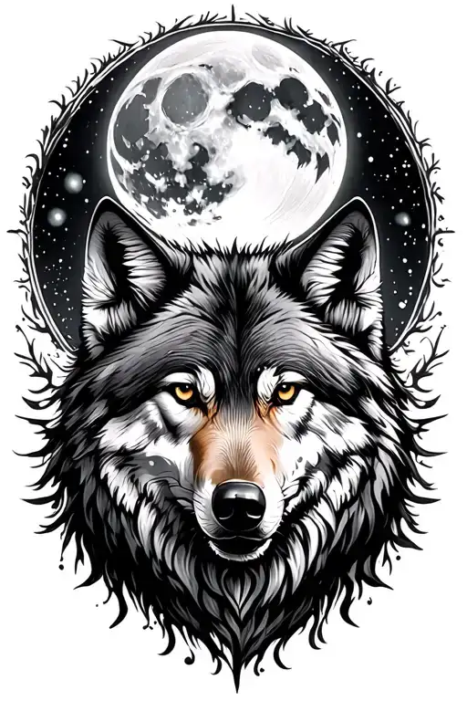Wolf Surrounded By Full Moon Merging Together