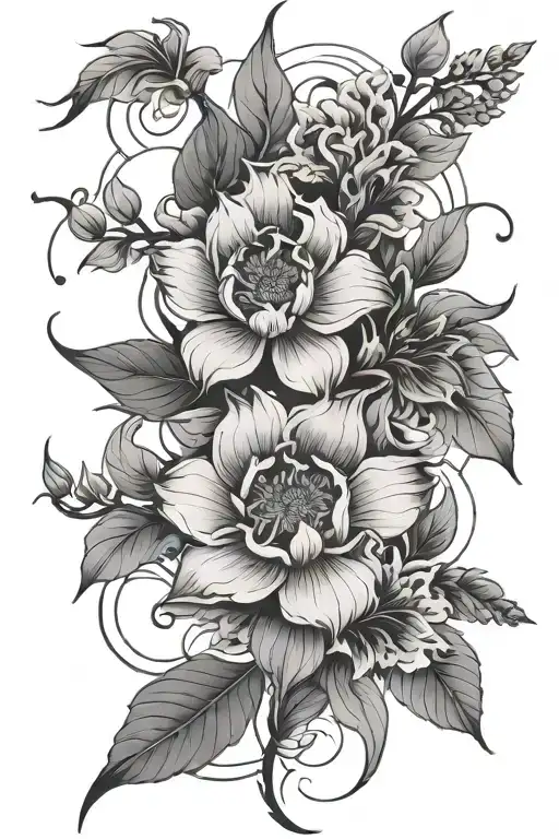 A Fine Line Asian-inspired Floral Tattoo With Shading And Abstract Elements