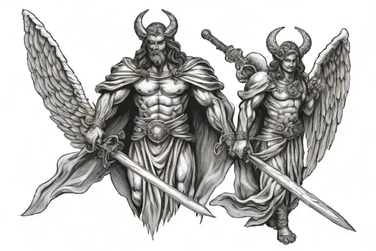 Satan And Angel Holding A Sword In The Middle Tattoo Design For Back