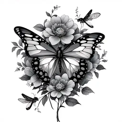 Butterfly And Dragon Fly With Flowers