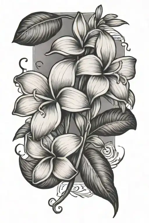 Black And White Vertical Tattoo With A Shaded Plumeria Connected With The Name Maeme In Cursive