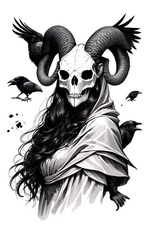 Cloaked Woman With Ram Skull Mask Surrounded By Ravens