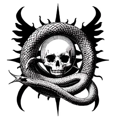 Ouroboros Skeleton Snake And Medieval Sun In The Middle