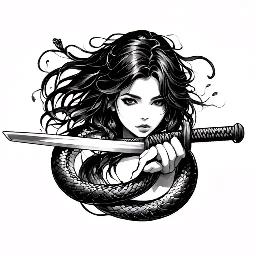 Girl With A Katana In The Hands Of Which A Snake Curls