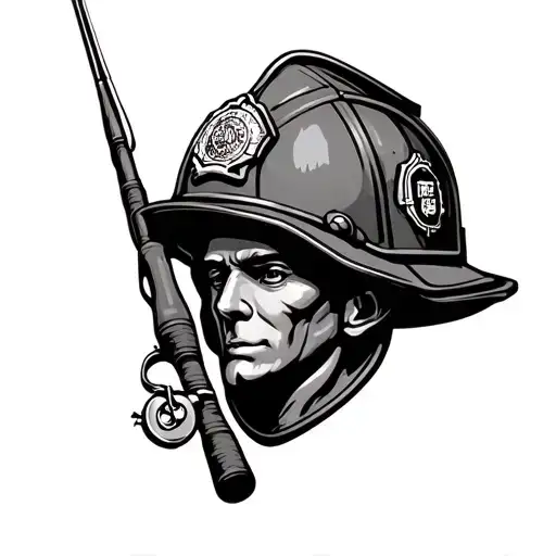 Firefighters Helmet With Fishing Rod Resting Against It