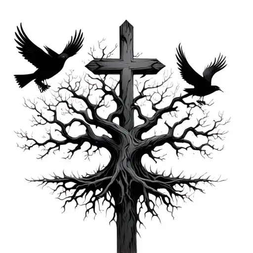 Poison Tree Grown Around A Cross With Birds To Show Lost Ones