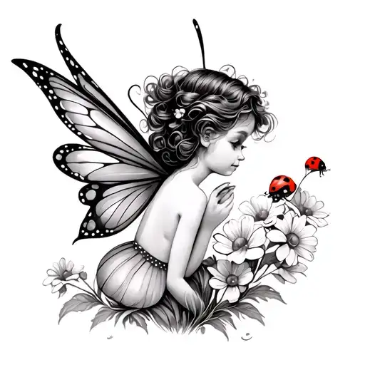 Pixie Fairy With Flowers And A Small Ladybug