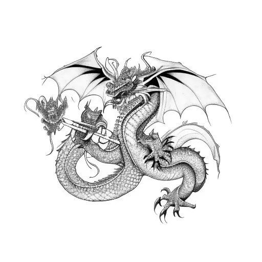 Asian Dragon With Skulls And Orchids