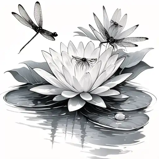 A Water Lily And 3 Dragonfly On The Coming Collarbone