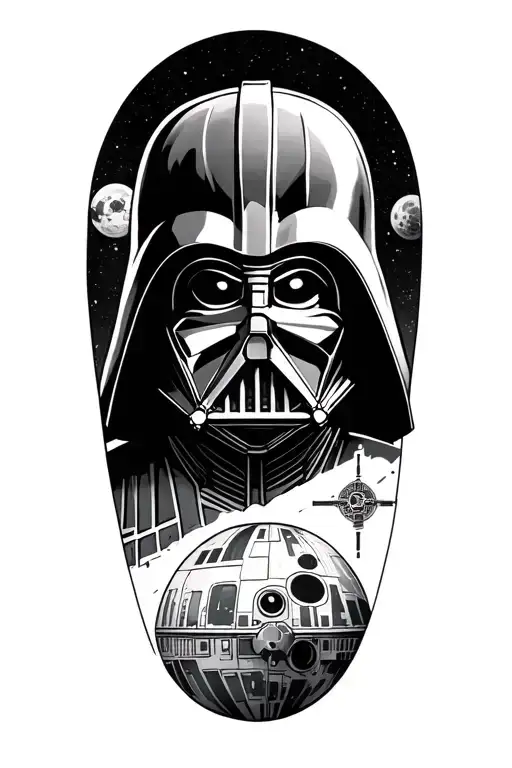 Darth Vader Bicep Tattoo With Advanced Tie Fighter And Death Star On Background