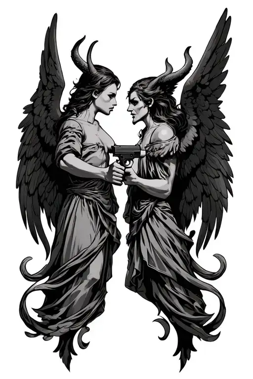 An Angel And A Devil Pointing Guns At Each Other