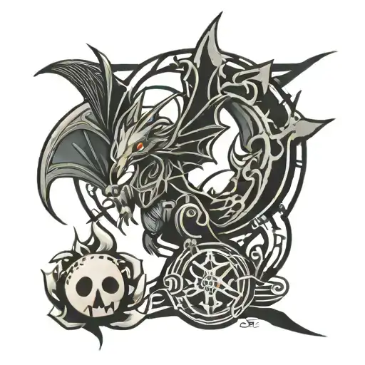 A Black-grey Tattoo Design Incorporating Symbols From Pokemon And Dungeons And Dragons