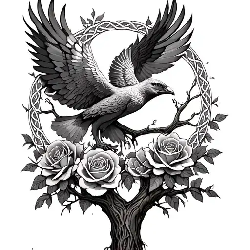 Celtic Tree Of Life With A Phoenix Flying Around It And Roses On The Branches