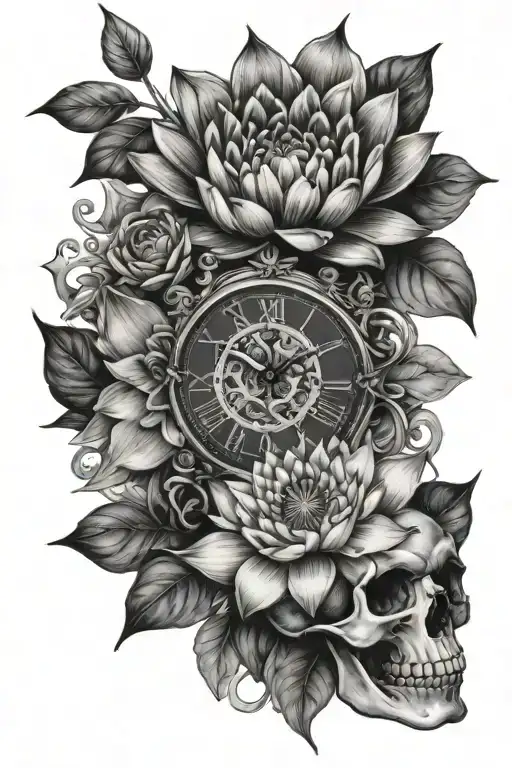 Water Lily Intertwined Hawthorn Sprig With Clocks And Skull