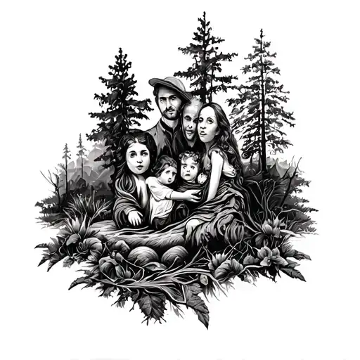 A Tattoo Depicting Family And Nature Scenes Intertwined With No People