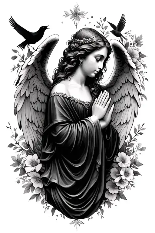Female Angel Praying Surrounded By Floral Patterns And Birds