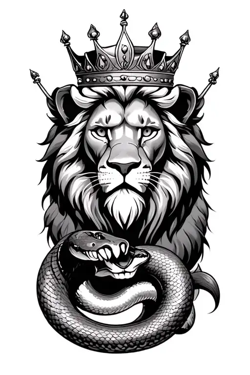 Lion Wearing A Crown Killing A Snake Holding It In His Paw