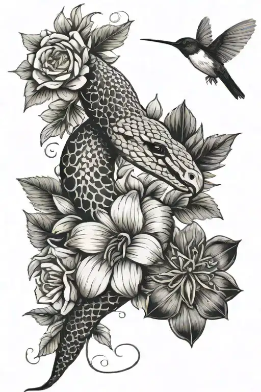 A Rattlesnake In Flowers With A Hummingbird Flying Above
