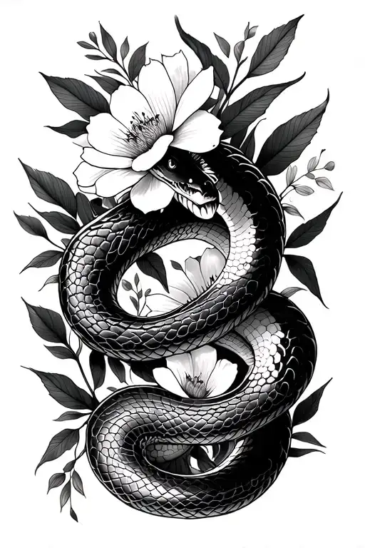Feminine Snake Wrapped In Exotic Flowers And Foliage Weaving In And Out Of The Skin