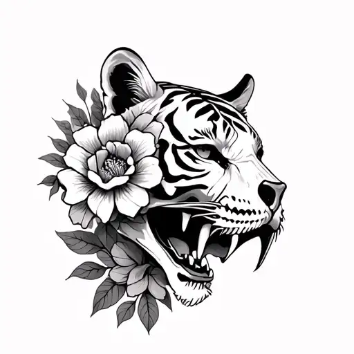 Tiger Skull Flowers Calf Sized Tatto