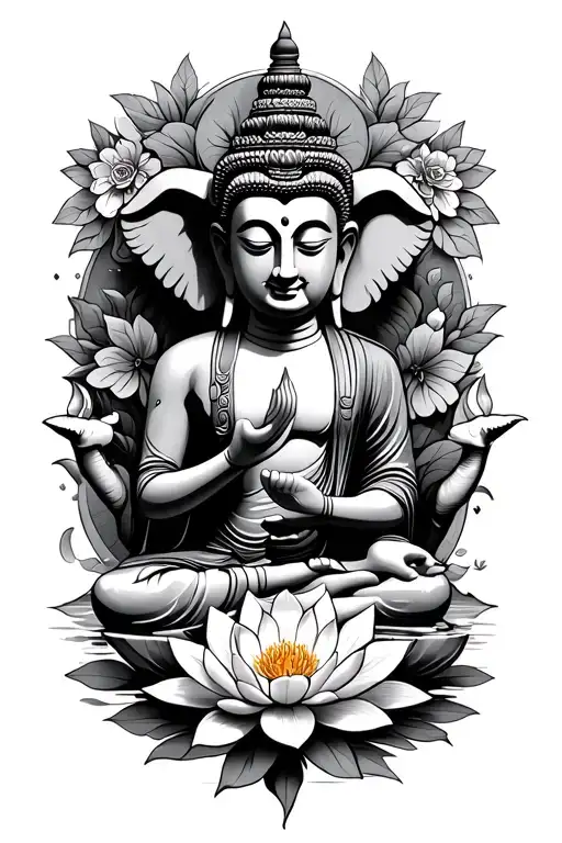 Laos Buddha With Elephant Next To It With Lotus Flower Around Them