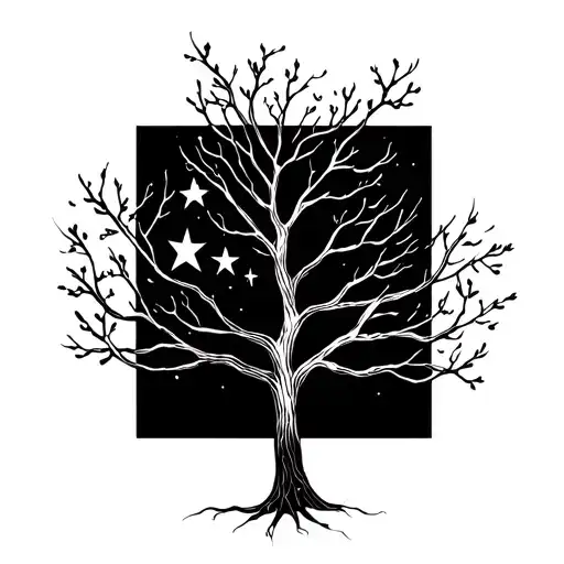 Minimalist Tree And Star Branch Fine Black Line