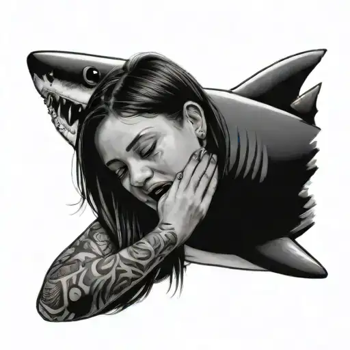 Girl Hugging A Shark Arm In Mouth Open