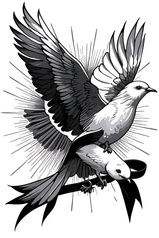 Doves Hodling A Ribbon Flying Towards Sun Shining