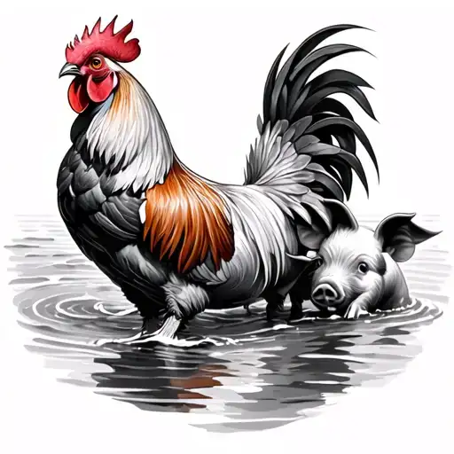 Rooster And Pig Floating At The Beach