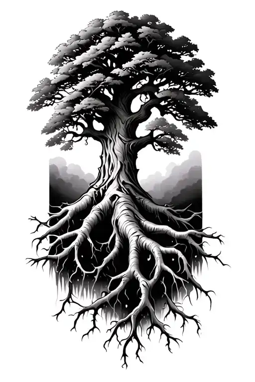 Oak Tree With Three Roots Reaching Deep