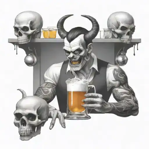 Create A Design Of A Demon Bartender Serving Drinks To Skulls At A Bar