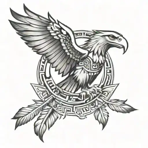 Black And Grey Aztec Eagle Tattoo With Detailed Feathers And Spread Wings