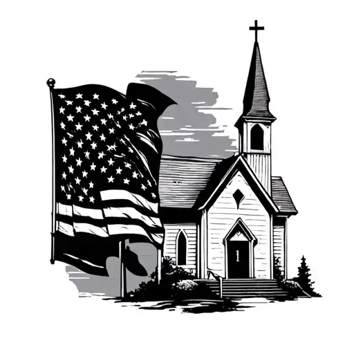 Country Church With Christian And American Flags