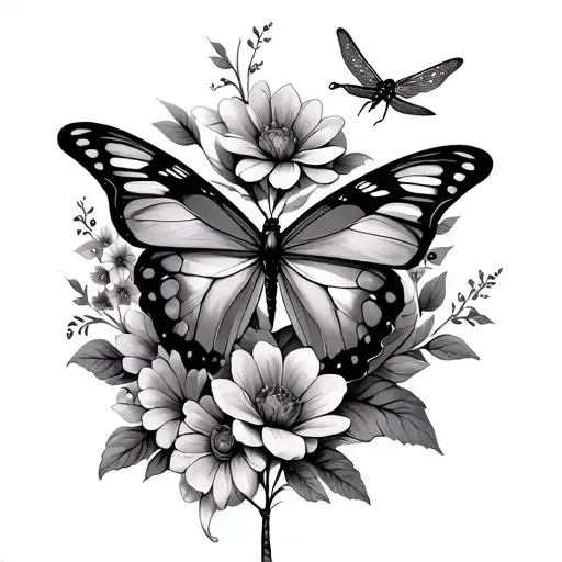 Butterfly And Dragon Fly With Flowers