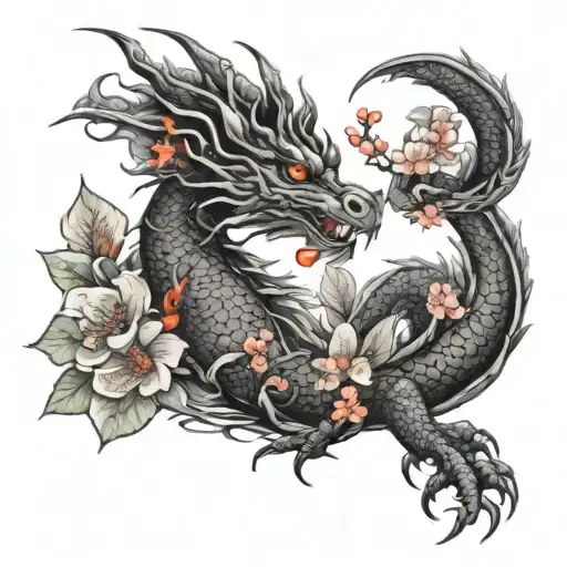 Dragon With Orange Blossoms And Cherry Blossoms