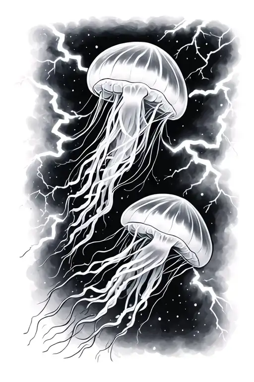 Two Jellyfish Floating With Lightning Bolts In The Background