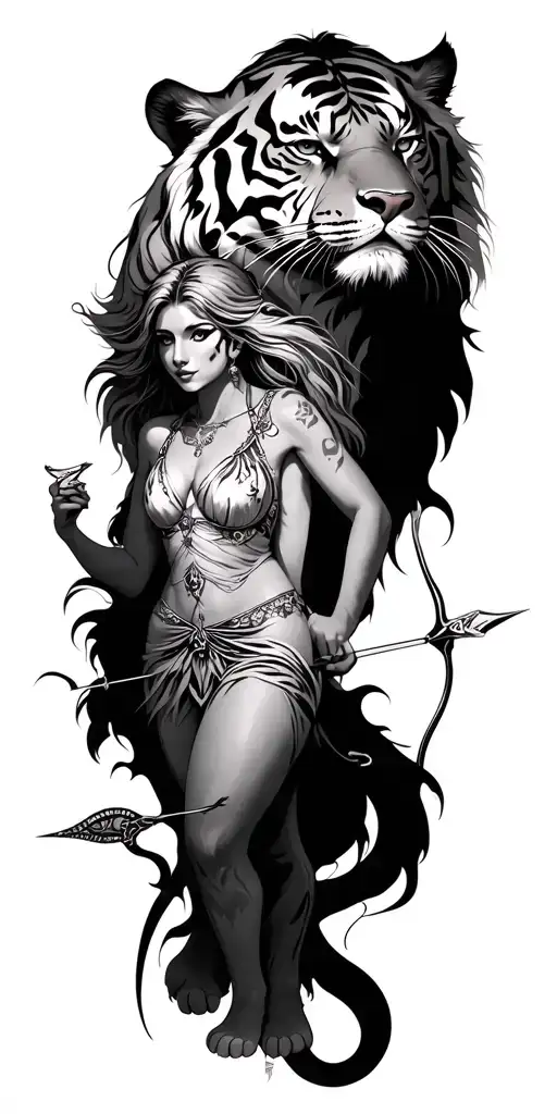 A Male And Female Tiger Leo With A Female Sagitarius Woman With A Bow And Arrow