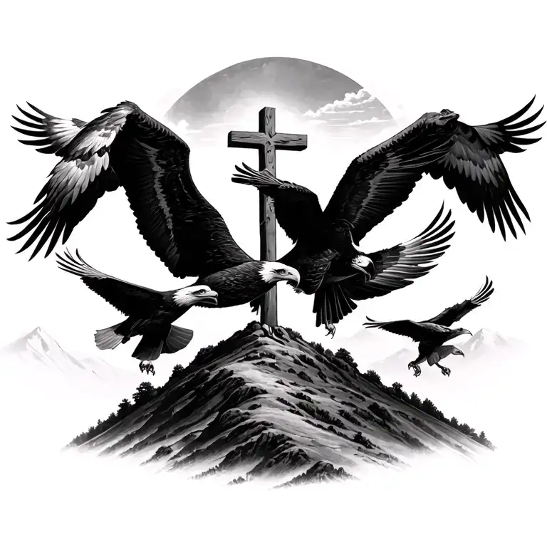 Four Eagles Flying Away Together In The Distance Over A Cross On A Hill