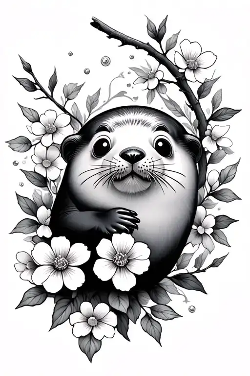 Branch And Flowers With A Cute Seal Poking Its Head