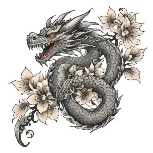 Dragon With Orange Blossoms And Cherry Blossoms