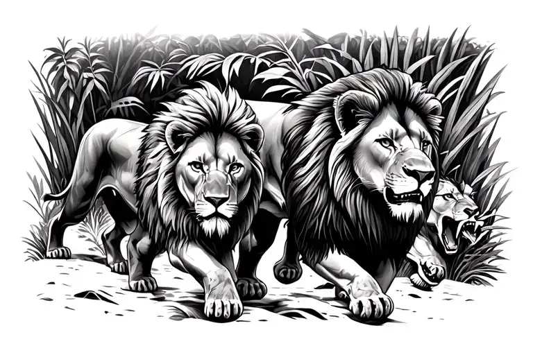 Aggressive Lion Pack Walking Through Jungle Scene