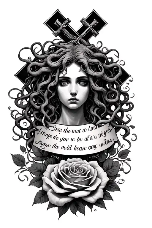 Medusa And Cross And Roses With Quote