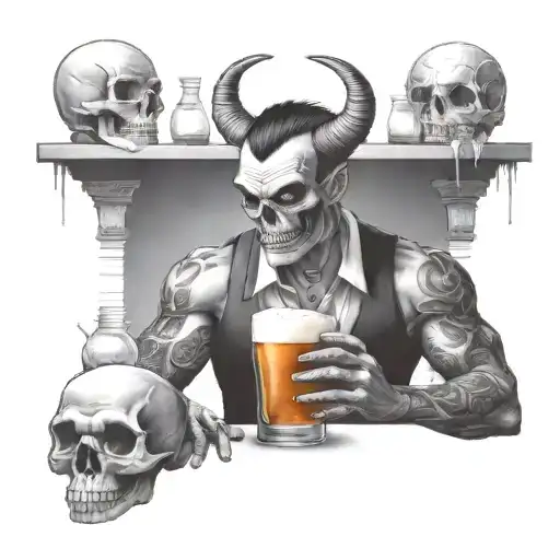 Create A Design Of A Demon Bartender Serving Drinks To Skulls At A Bar
