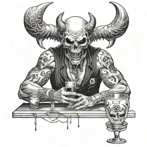 Create A Design Of A Demon Bartender Serving Drinks To Skulls At A Bar