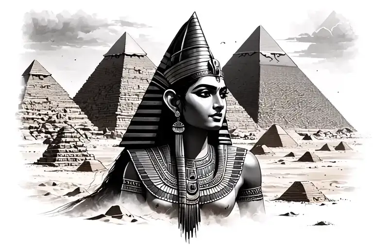Egyptian Goddess Looking Over Pyramids Of Giza Surrounded By Sand