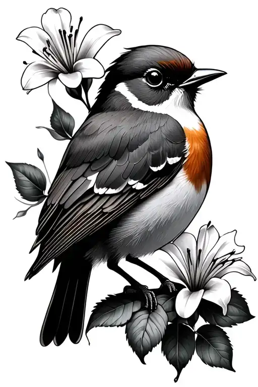 Robin Bird Lily And Rose Flowers No Leaves