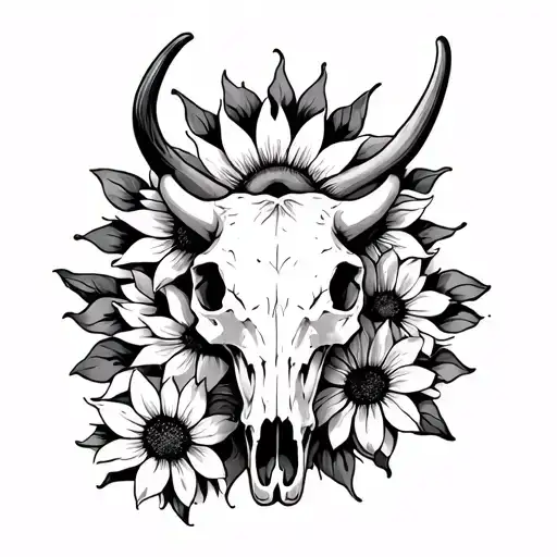 Cow Skull With Sun Flowers Surrounding
