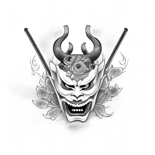Hannya Mask Balancing A Katana On Front Horns While Cherry Blossom Falling Behinf